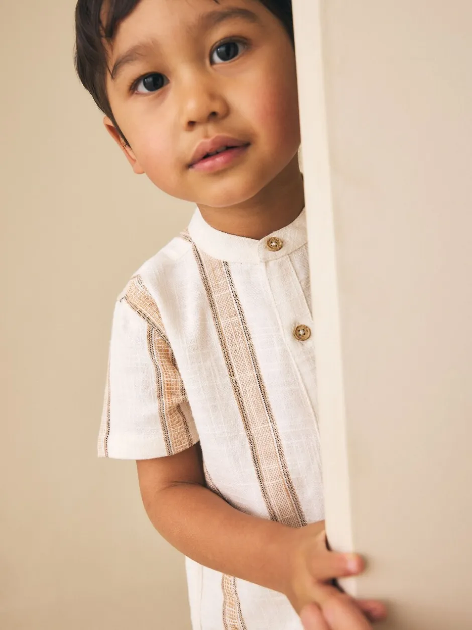 Shirts*Next Ecru/bruin - Short Sleeve Grandad Collar Textured Stripe Shirt (3mths-7yrs)