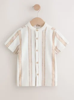 Shirts*Next Ecru/bruin - Short Sleeve Grandad Collar Textured Stripe Shirt (3mths-7yrs)