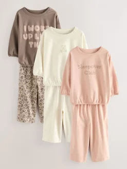Nachtkleding En Pyjama's|Pyjama's|Next Ecru/Pink Slogan Print - Verpakking van 3 pyjama's met wijde pijpen (9mnd-10jr)