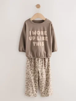 Nachtkleding En Pyjama's|Pyjama's|Next Ecru/Pink Slogan Print - Verpakking van 3 pyjama's met wijde pijpen (9mnd-10jr)