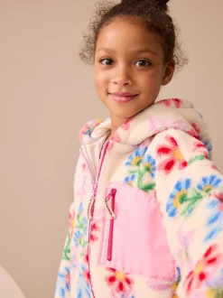 Jassen En Jacks|Sweaters En Hoody´S|Next - Fleecejack met rits en capuchon van borg (3-16jr) Ecru/roze gebloemd