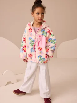 Jassen En Jacks|Sweaters En Hoody´S|Next - Fleecejack met rits en capuchon van borg (3-16jr) Ecru/roze gebloemd