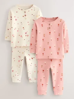 Nachtkleding En Pyjama's|Pyjama's|Next Ecru/Roze Harten - Set van 2 wafelpyjama's (9mnd-12jr)