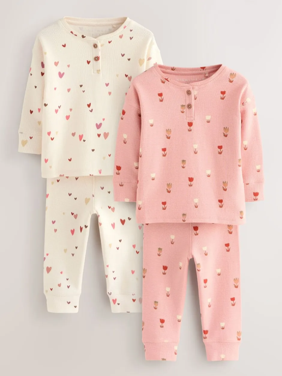 Nachtkleding En Pyjama's|Pyjama's|Next Ecru/Roze Harten - Set van 2 wafelpyjama's (9mnd-12jr)