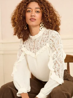 Gelegenheidskleding|Blouses En Overhemden*Love & Roses - Crew Neck Lace Yoke Long Sleeve Blouse Ecruwit