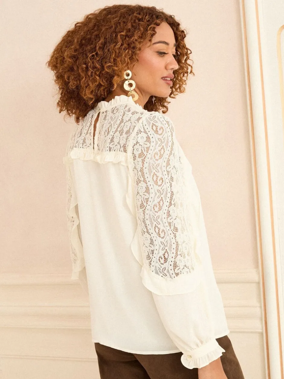 Gelegenheidskleding|Blouses En Overhemden*Love & Roses - Crew Neck Lace Yoke Long Sleeve Blouse Ecruwit
