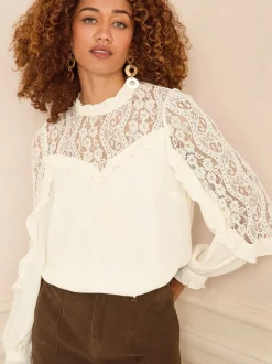 Gelegenheidskleding|Blouses En Overhemden*Love & Roses - Crew Neck Lace Yoke Long Sleeve Blouse Ecruwit