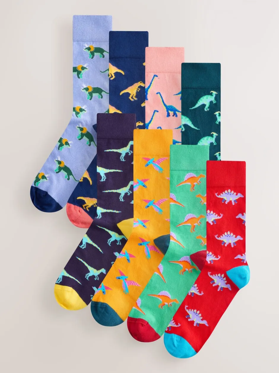 Sokken|Sokken*Next Fel rood/blauw/oranje dinosaurus - Set van 8 sokken met patroon