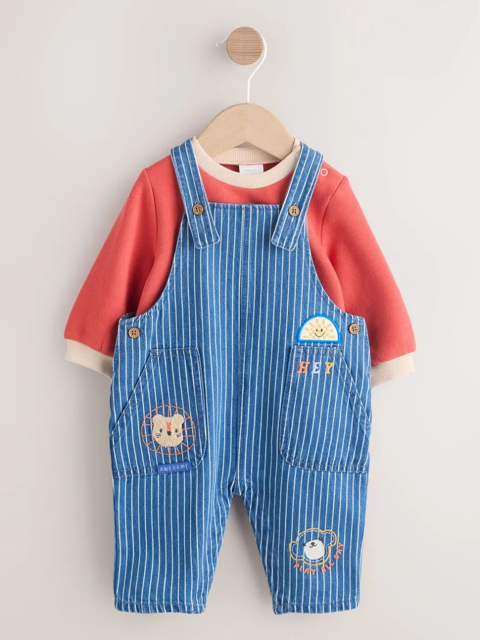 Rompertjes En Tuinbroeken*Next - Babyset van denim bretelbroeken en bodysuit (0 mnd - 2 jr) Felgekleurde streep met figuurtjes