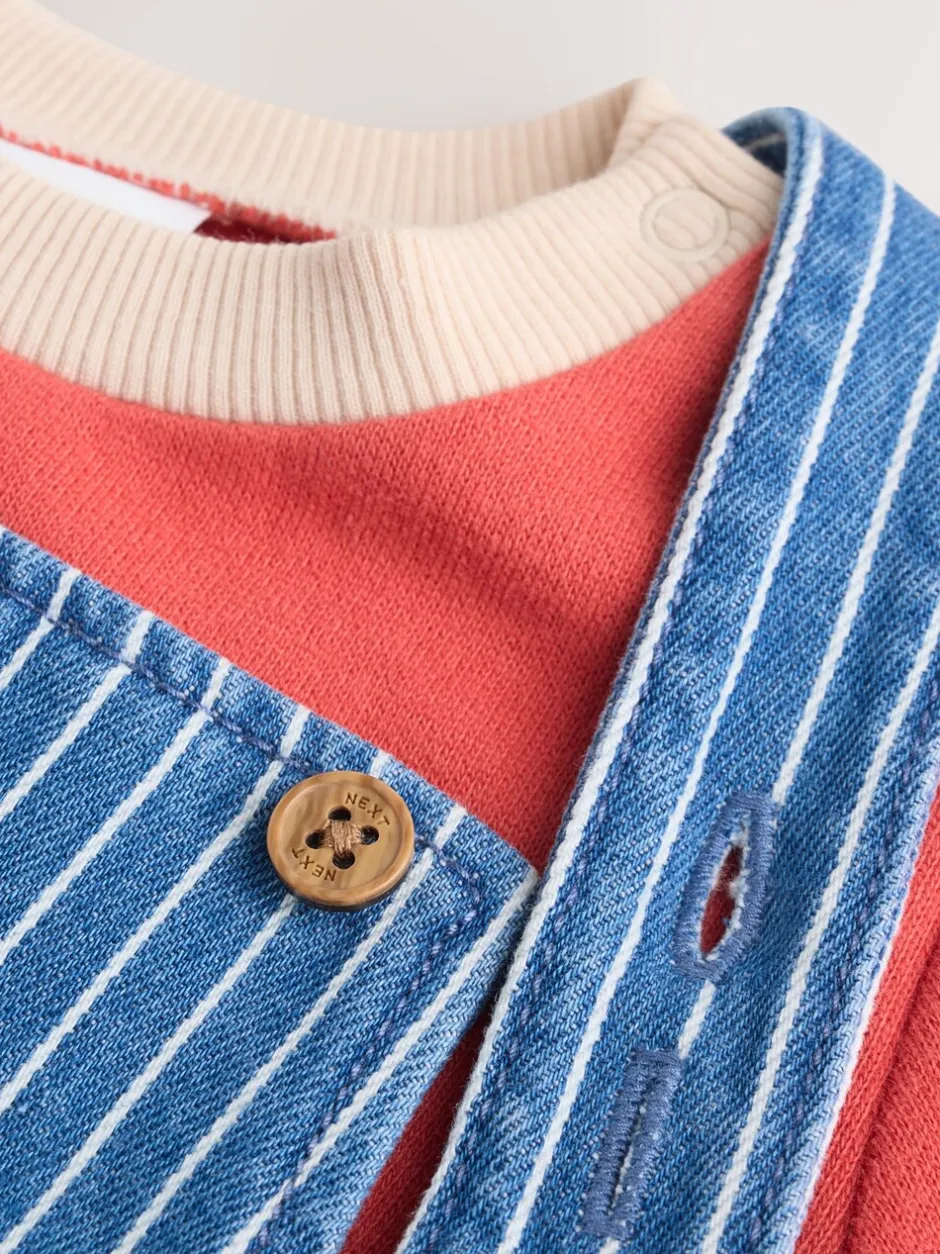 Rompertjes En Tuinbroeken*Next - Babyset van denim bretelbroeken en bodysuit (0 mnd - 2 jr) Felgekleurde streep met figuurtjes