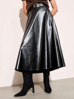 Rokken*Friends Like These Faux Leather Belted Hem Midi Skirt