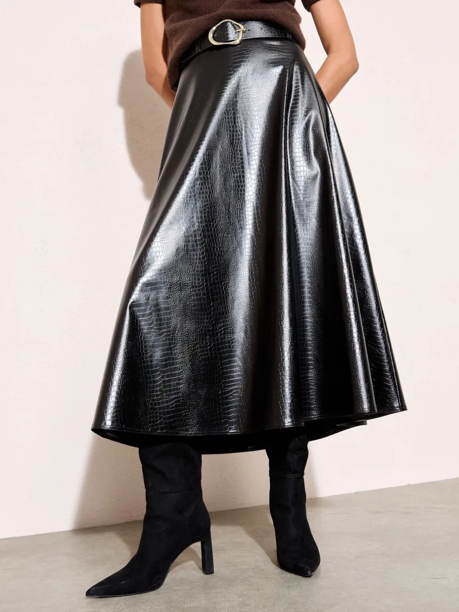Rokken*Friends Like These Faux Leather Belted Hem Midi Skirt