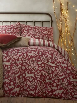 Merkbeddengoed|Furn Kerstmis Scandi Woodland 100% geborsteld katoenen Dekbedovertrek- en kussensloop Set Bordeauxrood