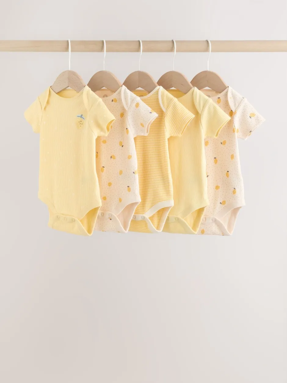 Rompertjes En Hemdjes|Next Geel met citroenenprint - 5 Babyrompertjes met korte mouwen