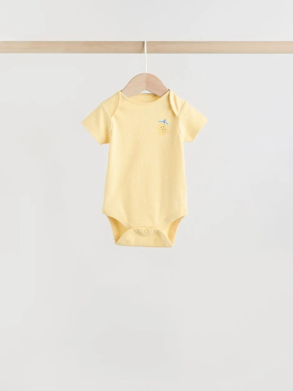 Rompertjes En Hemdjes|Next Geel met citroenenprint - 5 Babyrompertjes met korte mouwen
