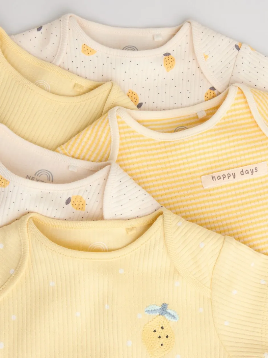 Rompertjes En Hemdjes|Next Geel met citroenenprint - 5 Babyrompertjes met korte mouwen