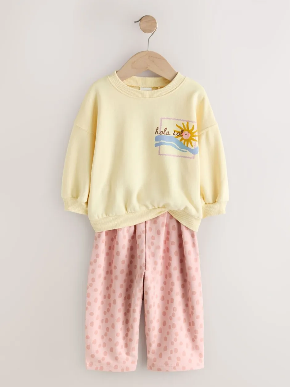 Sets En Combisets|Truien En Breisels*Next Geel met dierenprint - Set van sweatshirt en joggingbroek met rechte wijde pijpen (3mnd -7jr)