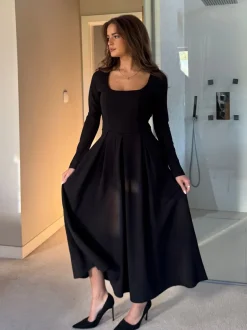 Jurken|Girl In Mind Evie Square Neck Long Sleeve Midi Dress