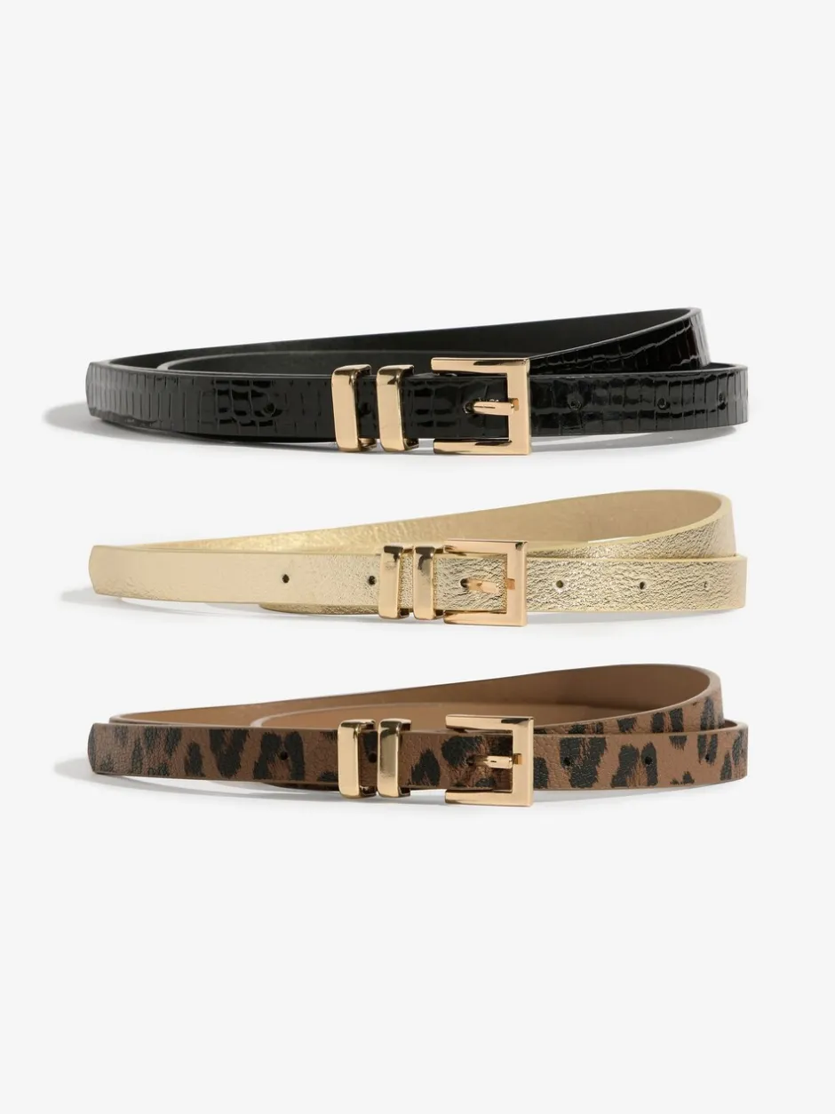Ceintuurs*Lipsy Gold, Leopard & Black - Skinny Belts 3 Pack Gold, Leopard & Black