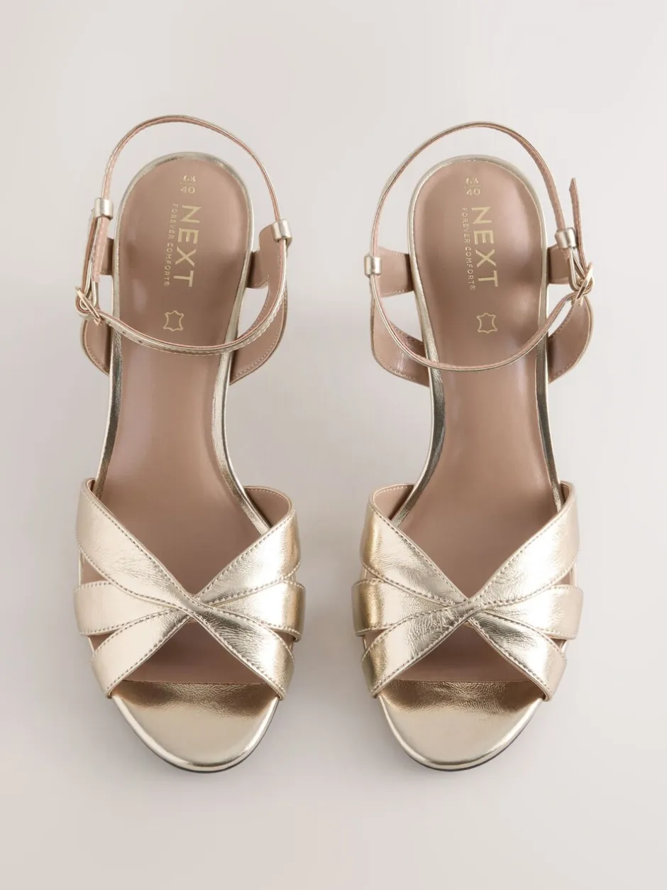 Schoenen Met Hakken*Next - Forever Comfort® Leather Lattice Front Heeled Sandals Goud