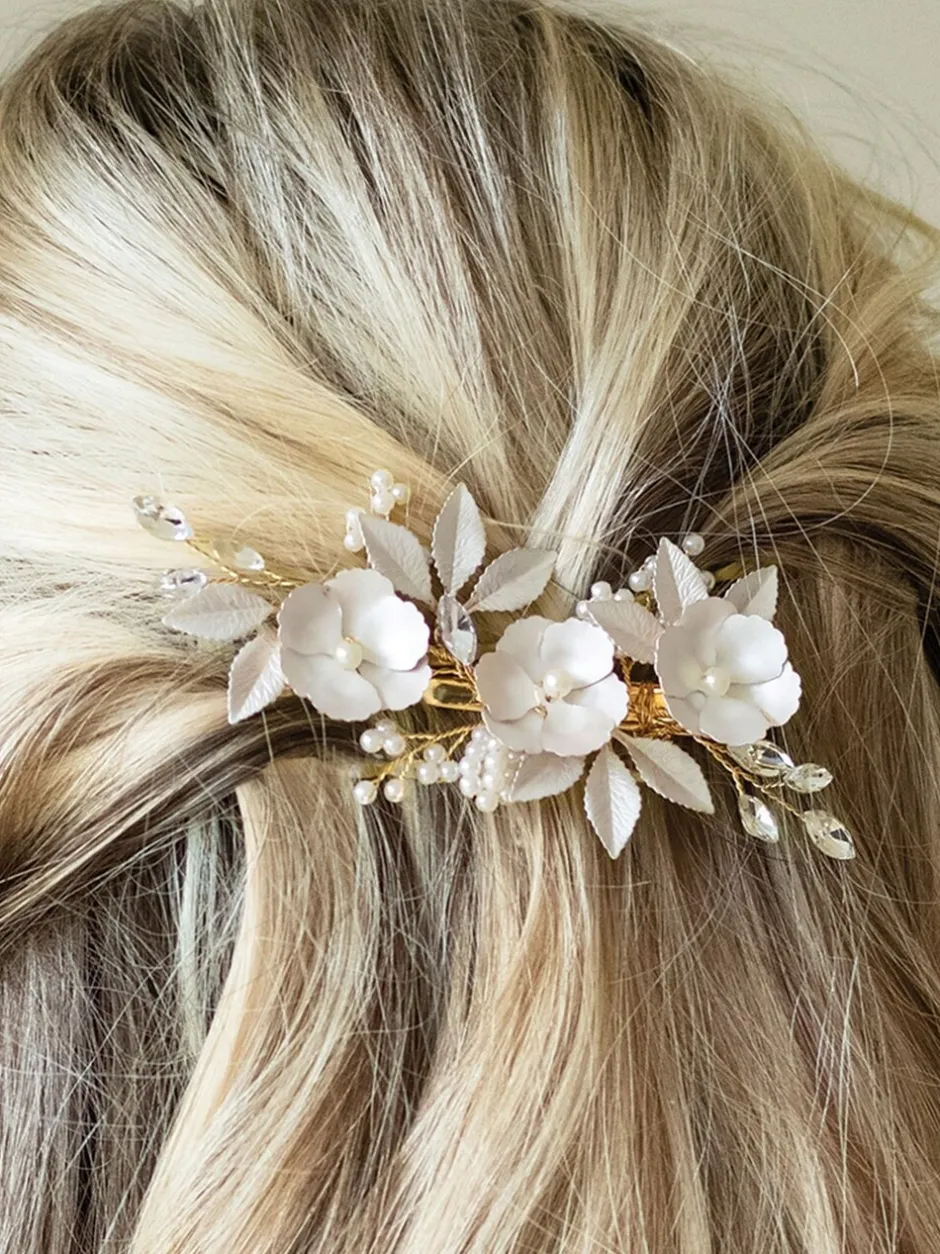 Haaraccessoires*Ivory & Co - - Gardenia klem met kristallen, parels en geëmailleerde bloem Goud