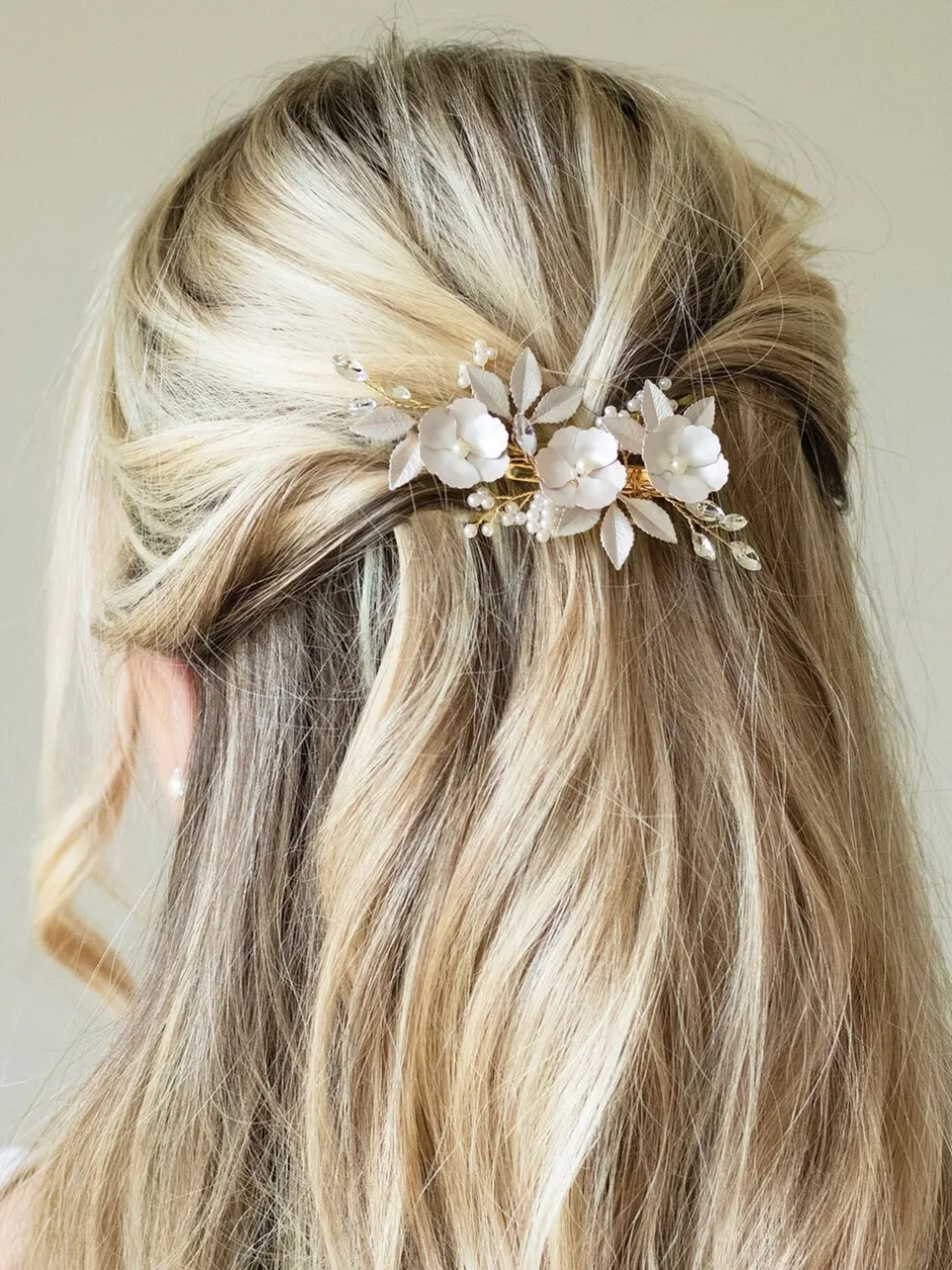 Haaraccessoires*Ivory & Co - - Gardenia klem met kristallen, parels en geëmailleerde bloem Goud
