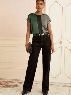 Blouses En Overhemden|Tops En T-Shirts*Love & Roses Green and Black Embellished Cuff Satin Front - Satin Front V-Neck Short Sleeve Top