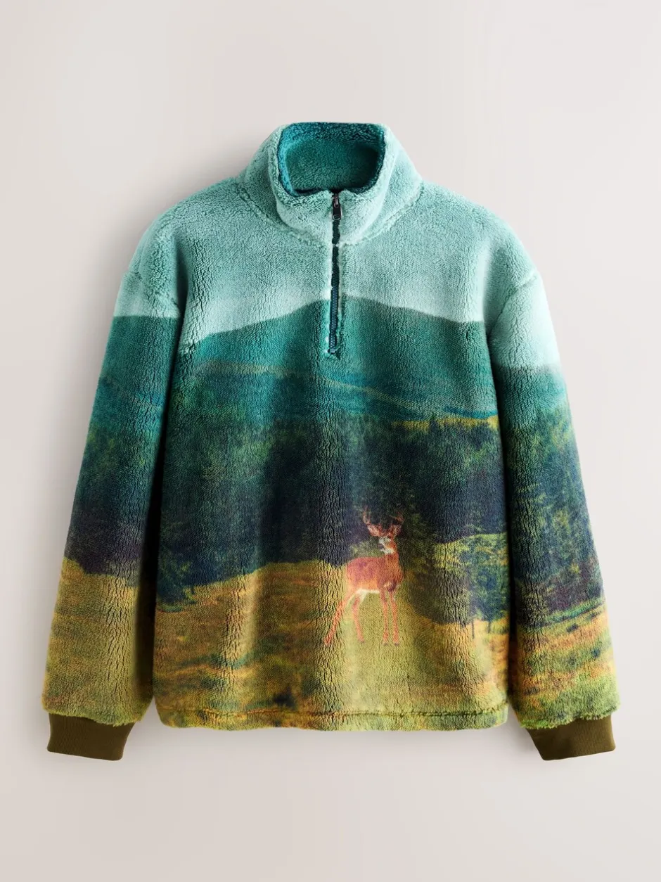Loungewear|Sweaters En Hoody´S*Next Green Deer Scene - Borg Fleece Zip Neck
