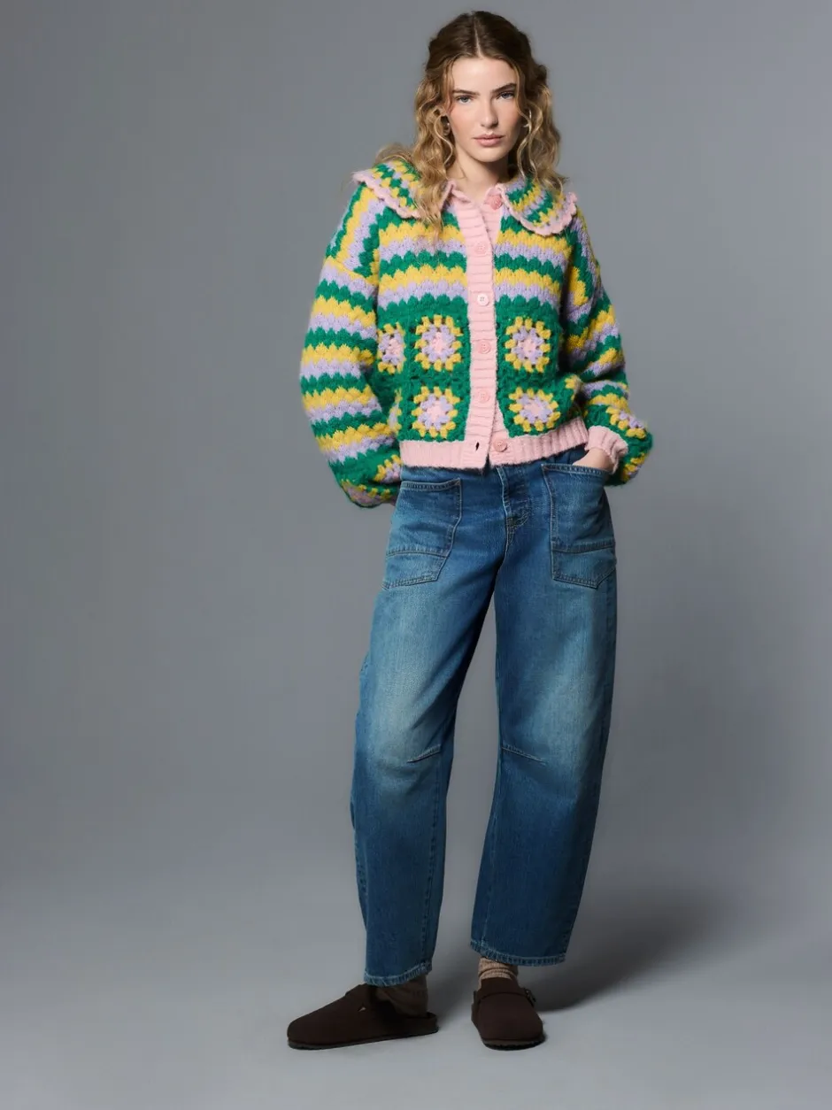 Gebreide Kleding|Next Green Multi Patch - Hand Crochet Collar Cardigan