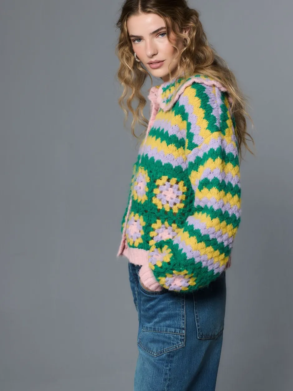 Gebreide Kleding|Next Green Multi Patch - Hand Crochet Collar Cardigan