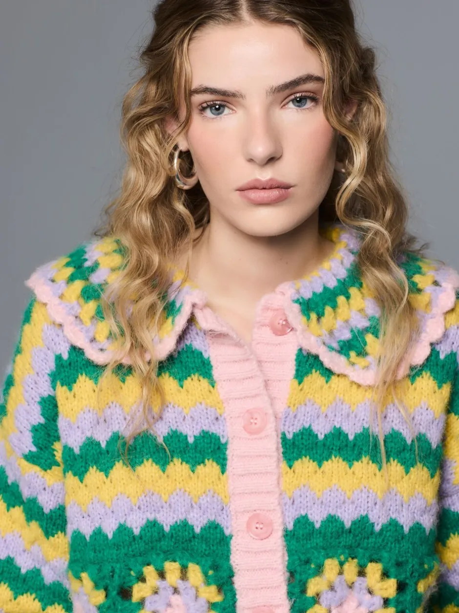 Gebreide Kleding|Next Green Multi Patch - Hand Crochet Collar Cardigan