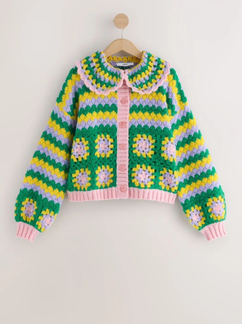 Gebreide Kleding|Next Green Multi Patch - Hand Crochet Collar Cardigan