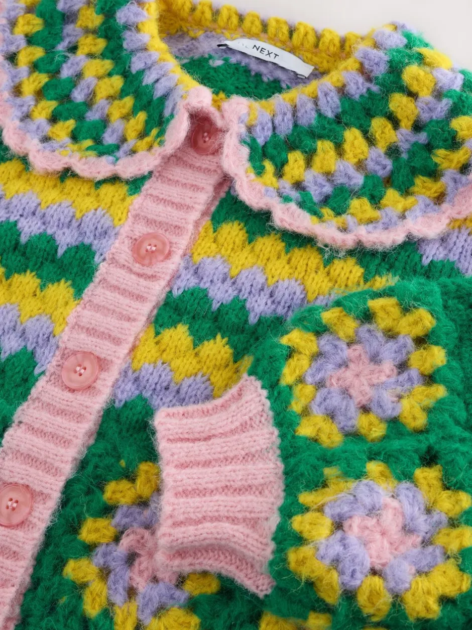 Gebreide Kleding|Next Green Multi Patch - Hand Crochet Collar Cardigan