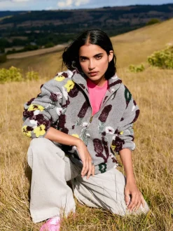 Hoody's En Sweatshirts|Next Grey Floral Jacquard - Floral Jaquarded Borg Half Zip Neck Fleece Sweatshirt