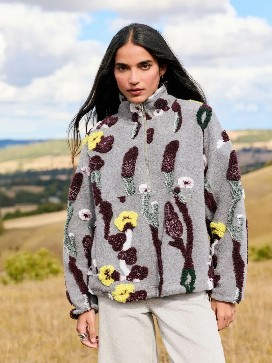 Hoody's En Sweatshirts|Next Grey Floral Jacquard - Floral Jaquarded Borg Half Zip Neck Fleece Sweatshirt