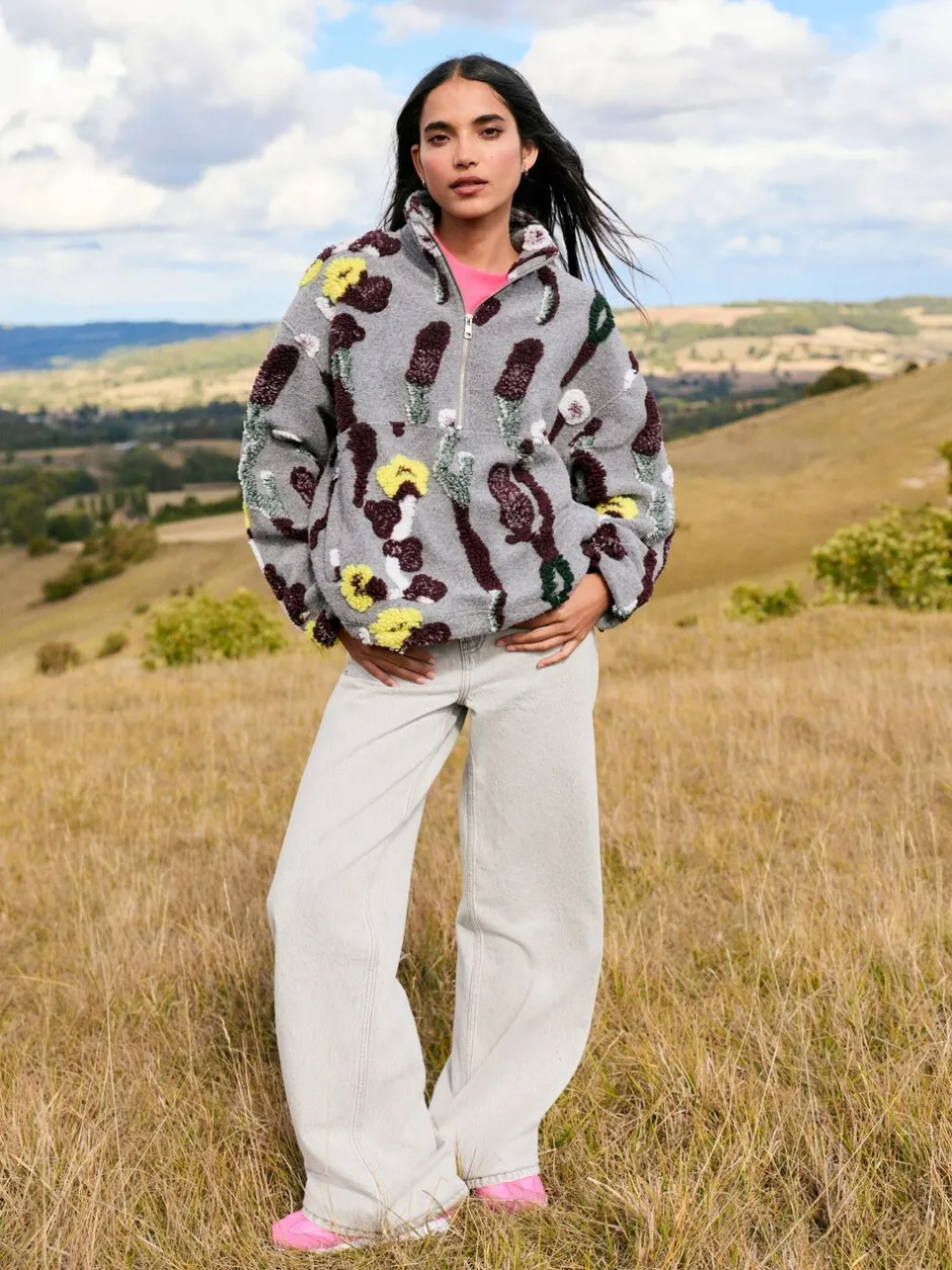 Hoody's En Sweatshirts|Next Grey Floral Jacquard - Floral Jaquarded Borg Half Zip Neck Fleece Sweatshirt