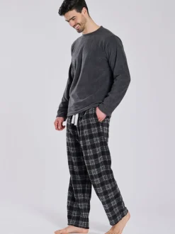 Pyjama's*Loungeable - Fleece Check Trousers Pyjama Set Grijs