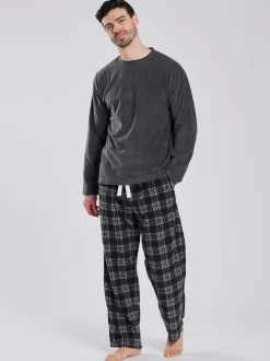 Pyjama's*Loungeable - Fleece Check Trousers Pyjama Set Grijs
