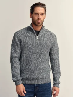 Gebreide Kleding*Next - Regular-fit gebreide trui met textuur en kwartrits bij de hals en wol Grijs
