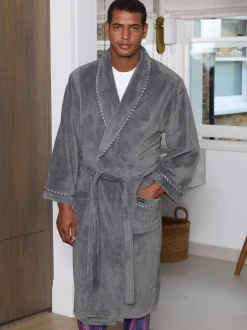 Kamerjassen En Badjassen|Savile Row Company - Lightweight Soft Fleece Rope Edge Dressing Gown Grijs
