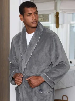 Kamerjassen En Badjassen|Savile Row Company - Lightweight Soft Fleece Rope Edge Dressing Gown Grijs
