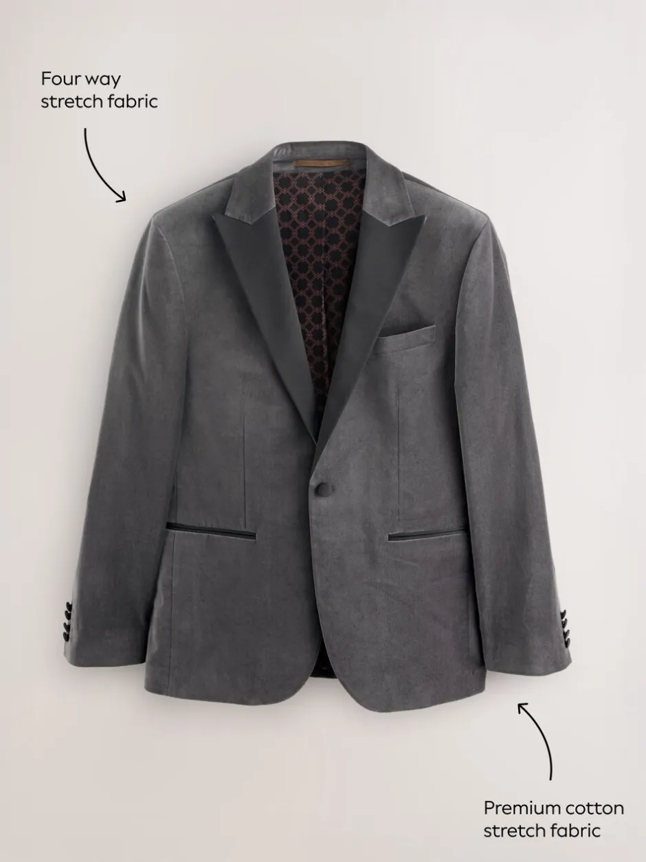 Smokings En Feestkleding|Blazers En Business-Jasjes|Next - Slim Fit - Motionflex stretchyfluwelen Blazer Grijs