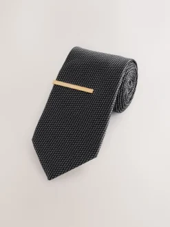 Stropdassen En Pochets|Next Grijs - Stropdas met textuur en dasspeld