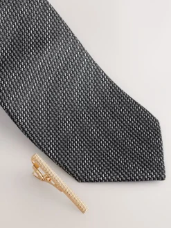 Stropdassen En Pochets|Next Grijs - Stropdas met textuur en dasspeld