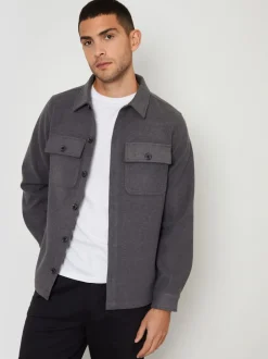 Formele Overhemden|Threadbare - imitatiebont wollen knoopsluiting overshirt Grijs