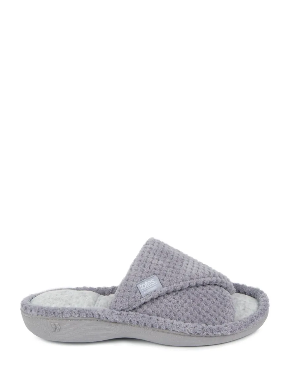Pantoffels*Totes - - Isotoner Popcorn Turnover pantoffels met open neus voor dames Grijs