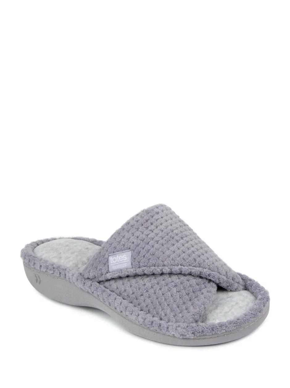 Pantoffels*Totes - - Isotoner Popcorn Turnover pantoffels met open neus voor dames Grijs
