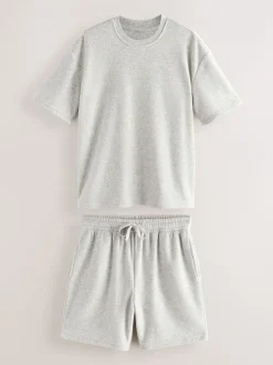 Pyjama's|Next - Towelling Short Sleeve Pyjamas Set Grijs