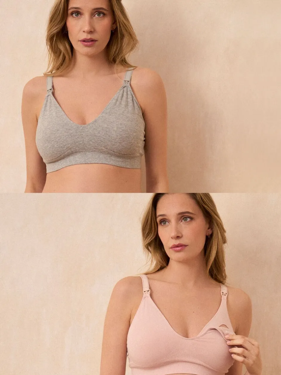 Beha's|Loungewear*Seraphine - Bamboo Soft Seamless Maternity & Nursing Bra 2 Pack Grijs en poederroze