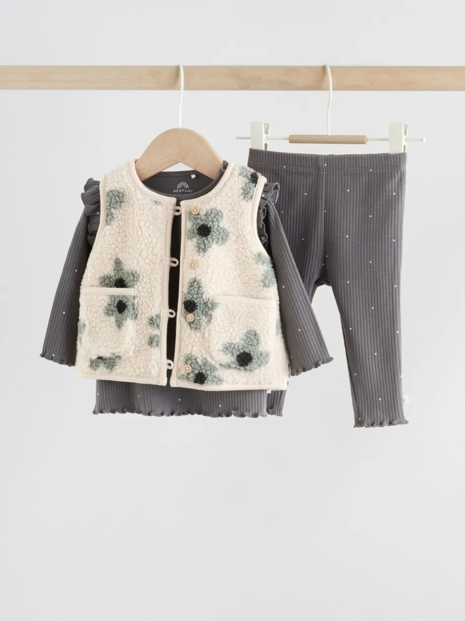 Tops|Sets En Combisets*Next - Babyset van top met Lange mouwen en Leggings met Bodywarmer 3 -delig (0mnd -2jr) Grijs met bloemen